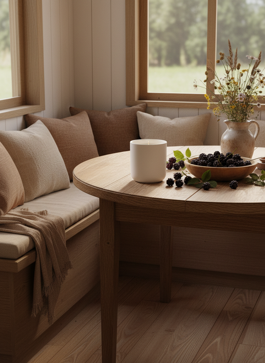 A Peony and Ember natural wax candle on a wooden dining table beside a bowl of fresh blackberries and a ceramic jug filled with wildflowers, set within a cozy window nook with neutral cushions and soft natural light.