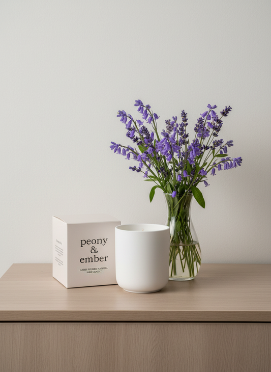 A Peony and Ember natural wax candle set on a wooden surface beside its branded box, with a clear glass vase filled with fresh purple flowers against a plain light‑coloured wall.