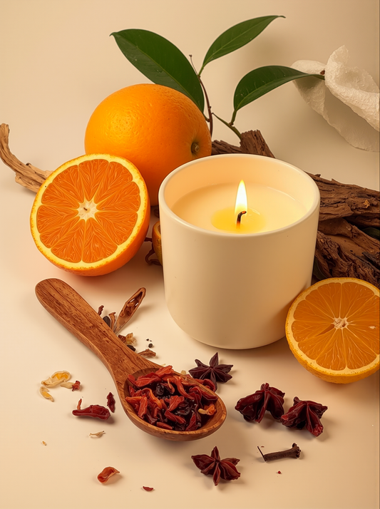 Candle surrounded by oranges, wood chippings and spices including cinnamon & cloves on a neutral background.