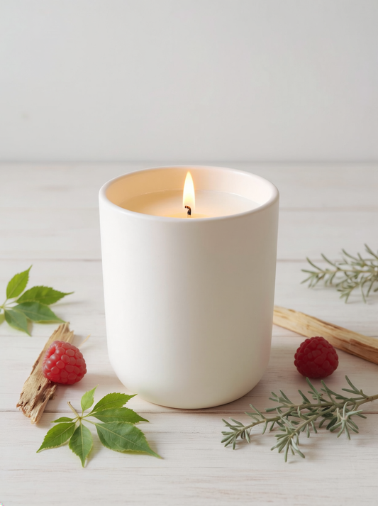 A Peony and Ember natural wax candle in a matte white ceramic vessel placed on a light wooden surface, surrounded by fresh raspberries, green leaves and small sprigs of foliage with soft natural lighting.