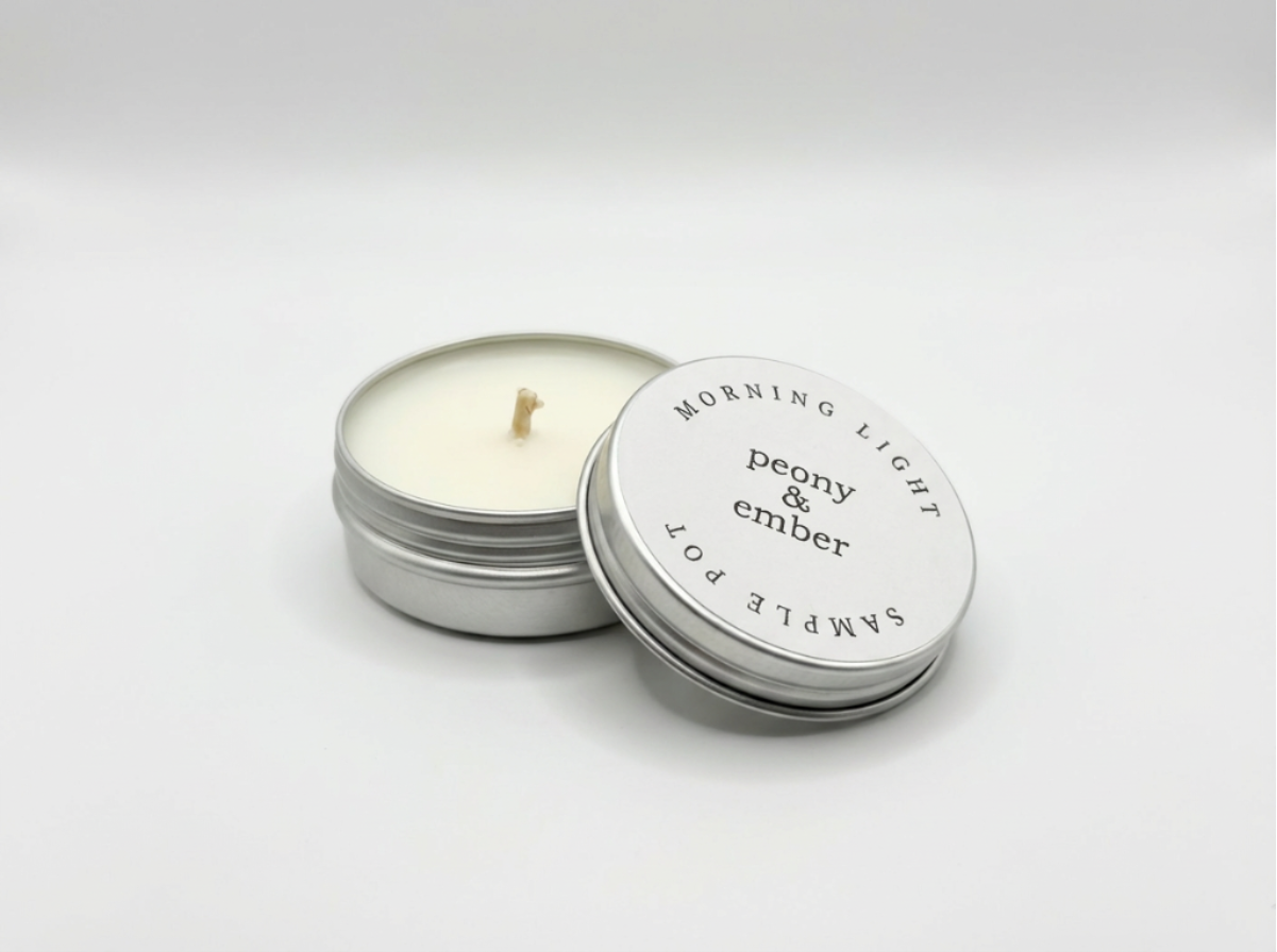 Candle sample in a tin labelled 'Morning Light' with the brand name 'Peony & Ember' in the middle on a white background