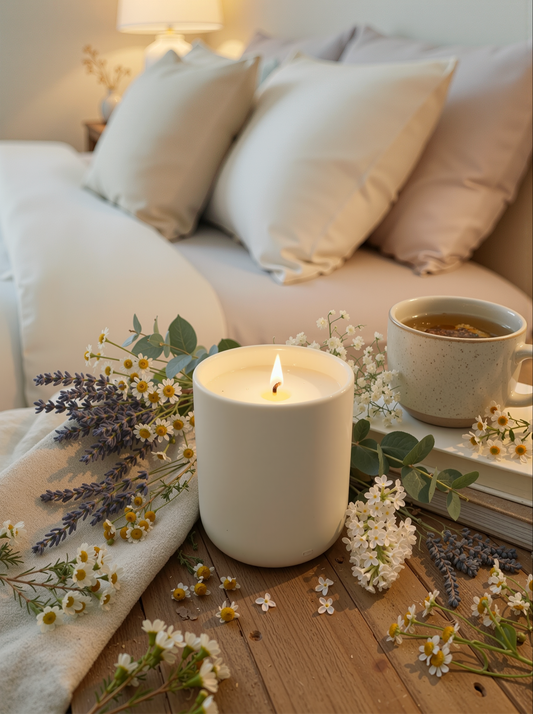 White Candle on a bedside table with comfortable bed in background. Candle is surrounded with fragrant flowers including lavender and chamomile with cup of tea to set the scene and suggest bedtime relaxation
