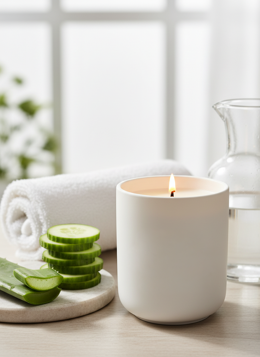 A Peony and Ember natural wax candle in a matte white ceramic vessel placed on a light wooden surface beside sliced cucumber, aloe vera pieces, a rolled white towel and a glass jug of water in a bright spa‑like setting.
