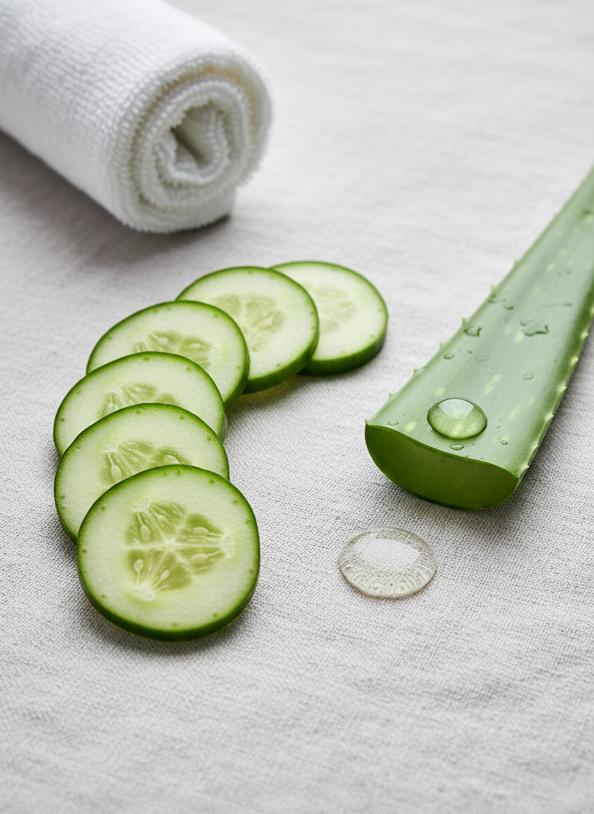 Cucumber slices, aloe vera leaf, and a white cloth on a light gray background