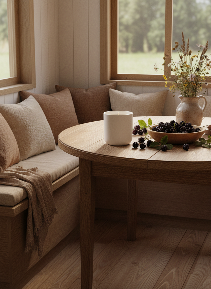 A Peony and Ember natural wax candle on a wooden dining table beside a bowl of fresh blackberries and a ceramic jug filled with wildflowers, set within a cozy window nook with neutral cushions and soft natural light.
