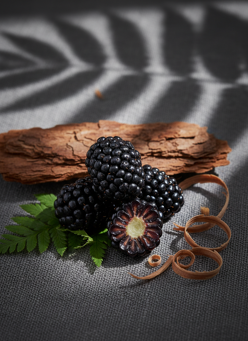 Blackberries with a piece of wood and leaves on a textured surface