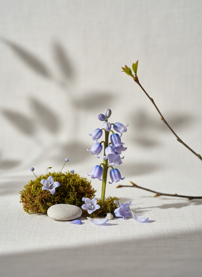 Small arrangement of bluebell flowers with a stone and moss on a light background