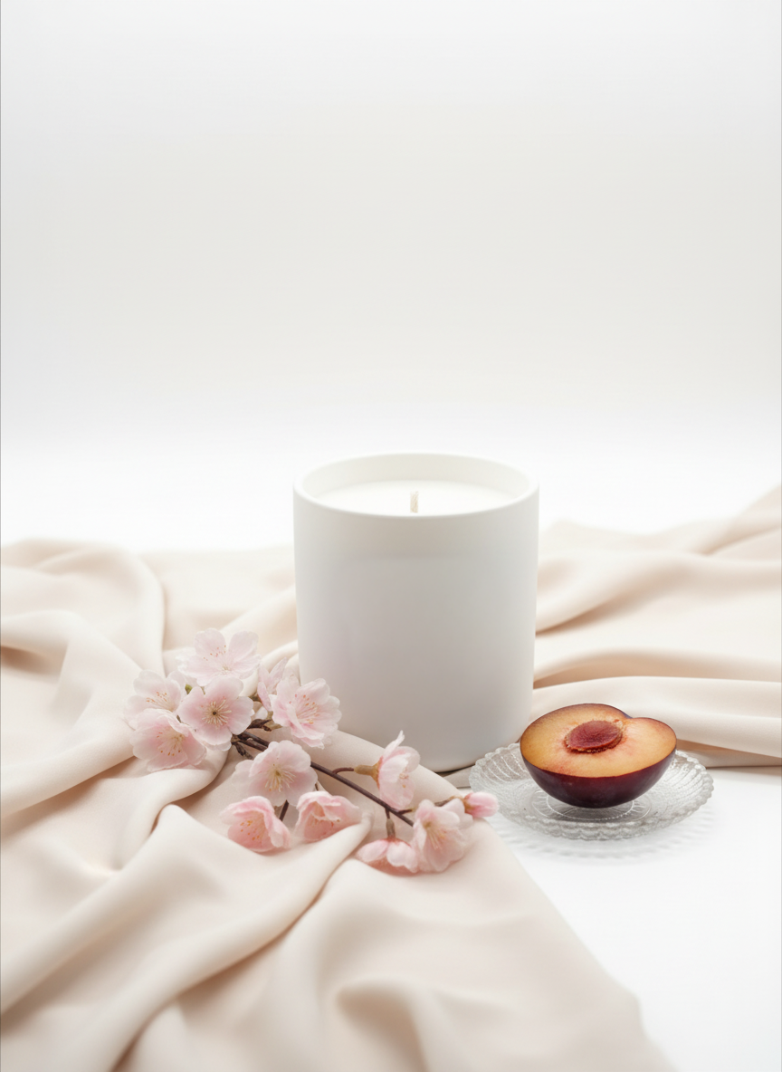 A Peony and Ember natural wax candle in a matte white ceramic vessel placed on soft cream fabric beside delicate pink blossom flowers and a halved plum on a small glass dish in a bright, minimal setting.