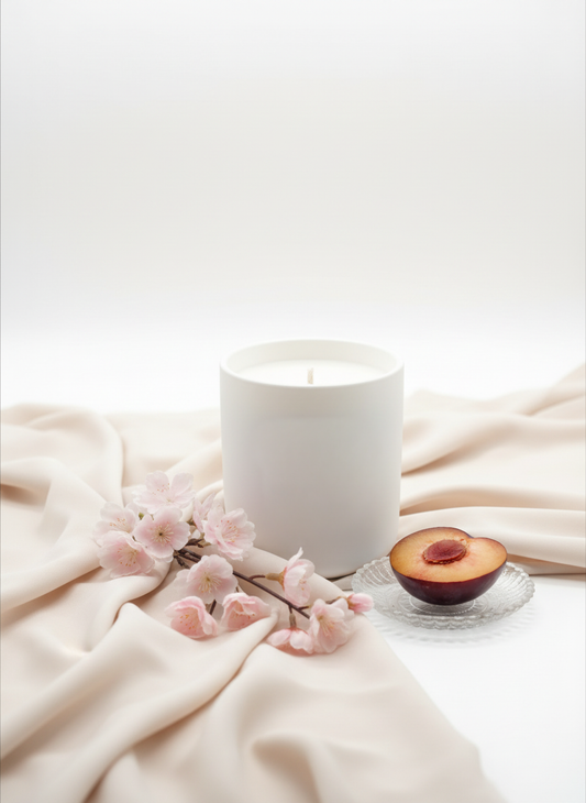 A Peony and Ember natural wax candle in a matte white ceramic vessel placed on soft cream fabric beside delicate pink blossom flowers and a halved plum on a small glass dish in a bright, minimal setting.