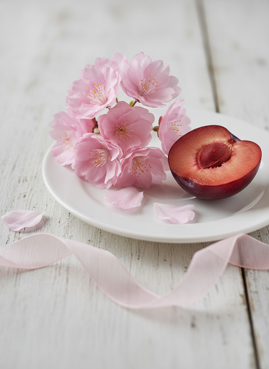 Plum cut in half on a white plate with pink flowers and petals on a light wooden background