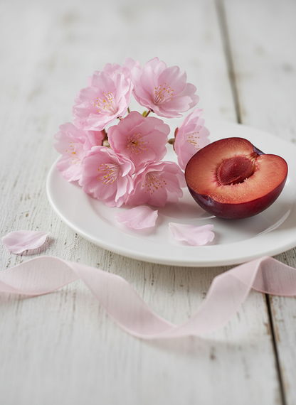 Plum cut in half on a white plate with pink flowers and petals on a light wooden background