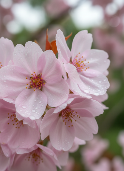 Close-up of pink cherry blossoms with water droplets on a blurred background