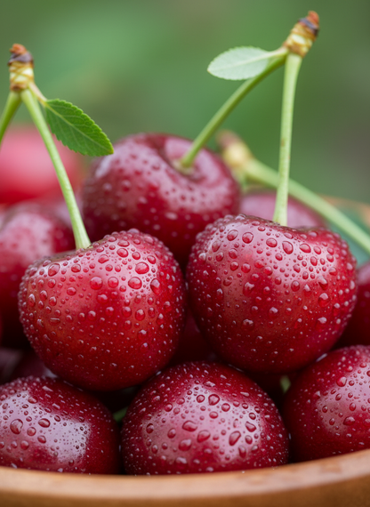 Close-up of cherries with water droplets on a wooden surface