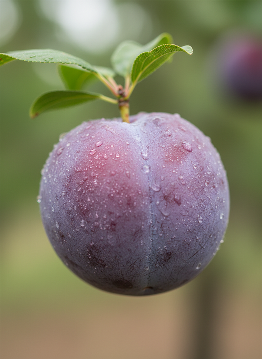 Purple plum with water droplets on a branch against a blurred green background