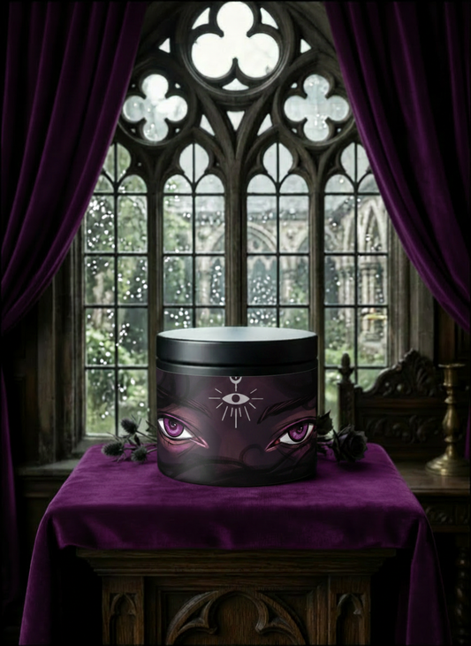A black cylindrical tin with a gothic illustration of purple eyes and an eye symbol on the front, displayed on a purple velvet-covered table in front of a large arched window with purple drapes.