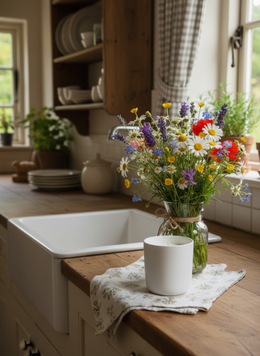 A Peony and Ember natural wax candle placed on a patterned cloth beside a jar of colourful wildflowers on a wooden kitchen countertop, with shelves, dishes and a farmhouse sink in the background illuminated by natural window light