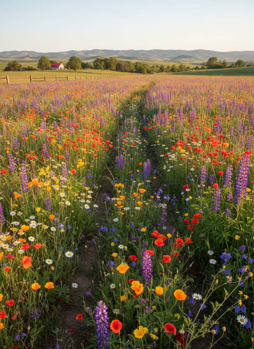 A wide field of colourful wildflowers, including red, yellow, purple and white blooms, stretching toward distant hills at sunset with a dirt path running through the centre.