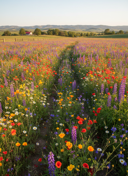 A wide field of colourful wildflowers, including red, yellow, purple and white blooms, stretching toward distant hills at sunset with a dirt path running through the centre.