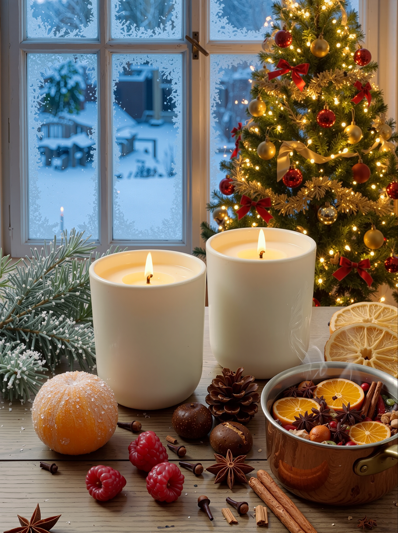 Picture combining two candles - Twas the Night Before Christmas and Frosted Morning. The scene is a frosty and snowy day with a beautifully decorated Christmas tree in the background. In the foreground and around the candles is a combination of oranges, raspberries, walnuts, cloves and winter spices to give a suggested aroma of both candles.