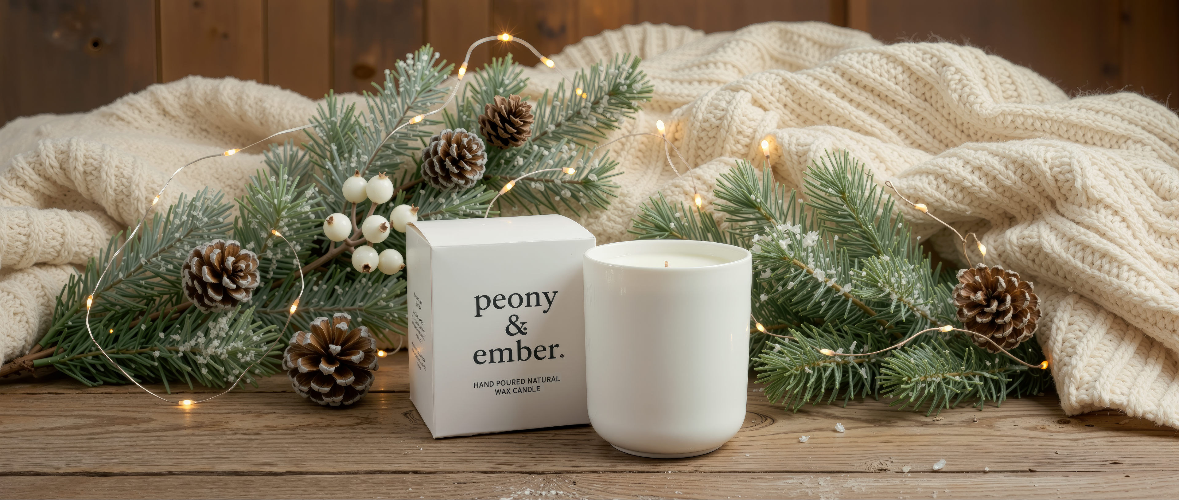 Peony & Ember luxury white candle and branded box displayed on a wooden surface with festive pine branches, pinecones, and warm fairy lights. Cosy cream knit blanket in the background. Banner text reads: ‘Last Chance for Christmas… Timeless scents, almost gone.’ Perfect festive home fragrance gift