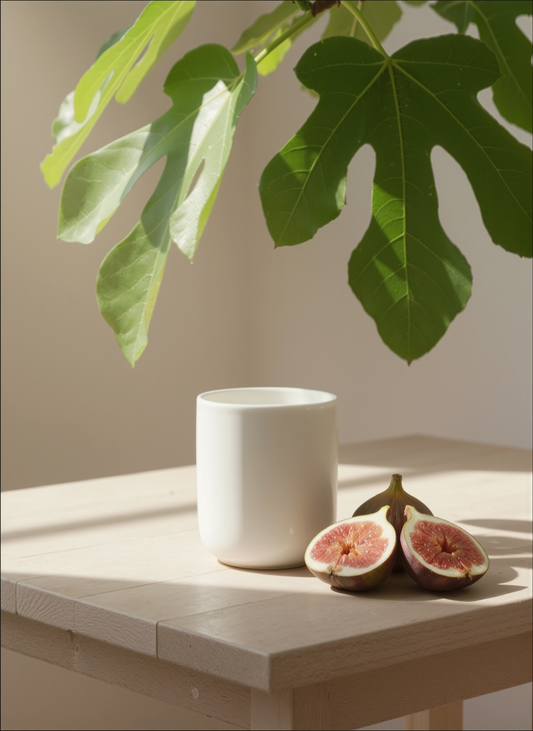 A Peony and Ember natural wax candle on a light wooden table beside fresh halved figs, with large green fig leaves hanging above in soft natural sunlight.