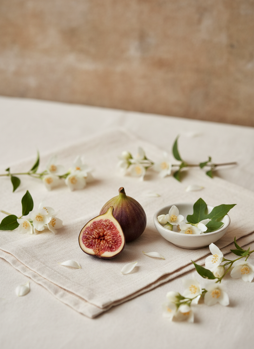 Figs and a small bowl with flowers on a light fabric surface