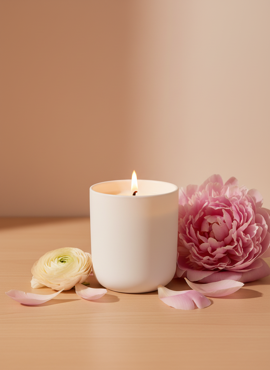 A Peony and Ember natural wax candle in a matte white ceramic vessel glowing softly on a wooden surface, surrounded by pink and cream flower blooms and scattered petals in warm light.