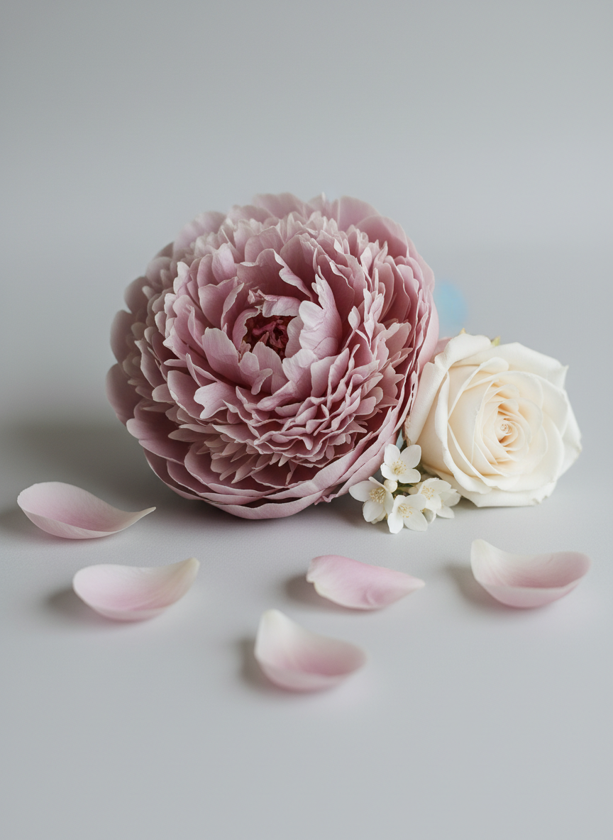 Pink and white flowers with petals on a light gray background
