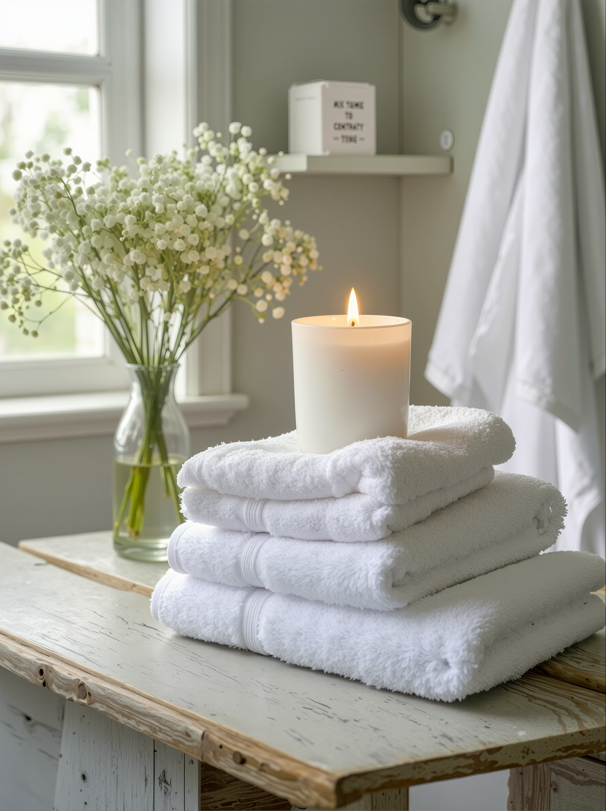 Stack of white towels on a wooden table with a lit white ceramic candle and vase of flowers in the background. Imagine that fresh laundry smell, captured in a candle ready to fill your home any time you wish. 
