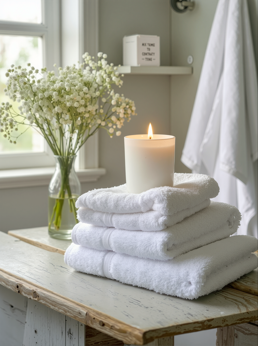 Stack of white towels on a wooden table with a lit white ceramic candle and vase of flowers in the background. Imagine that fresh laundry smell, captured in a candle ready to fill your home any time you wish. 