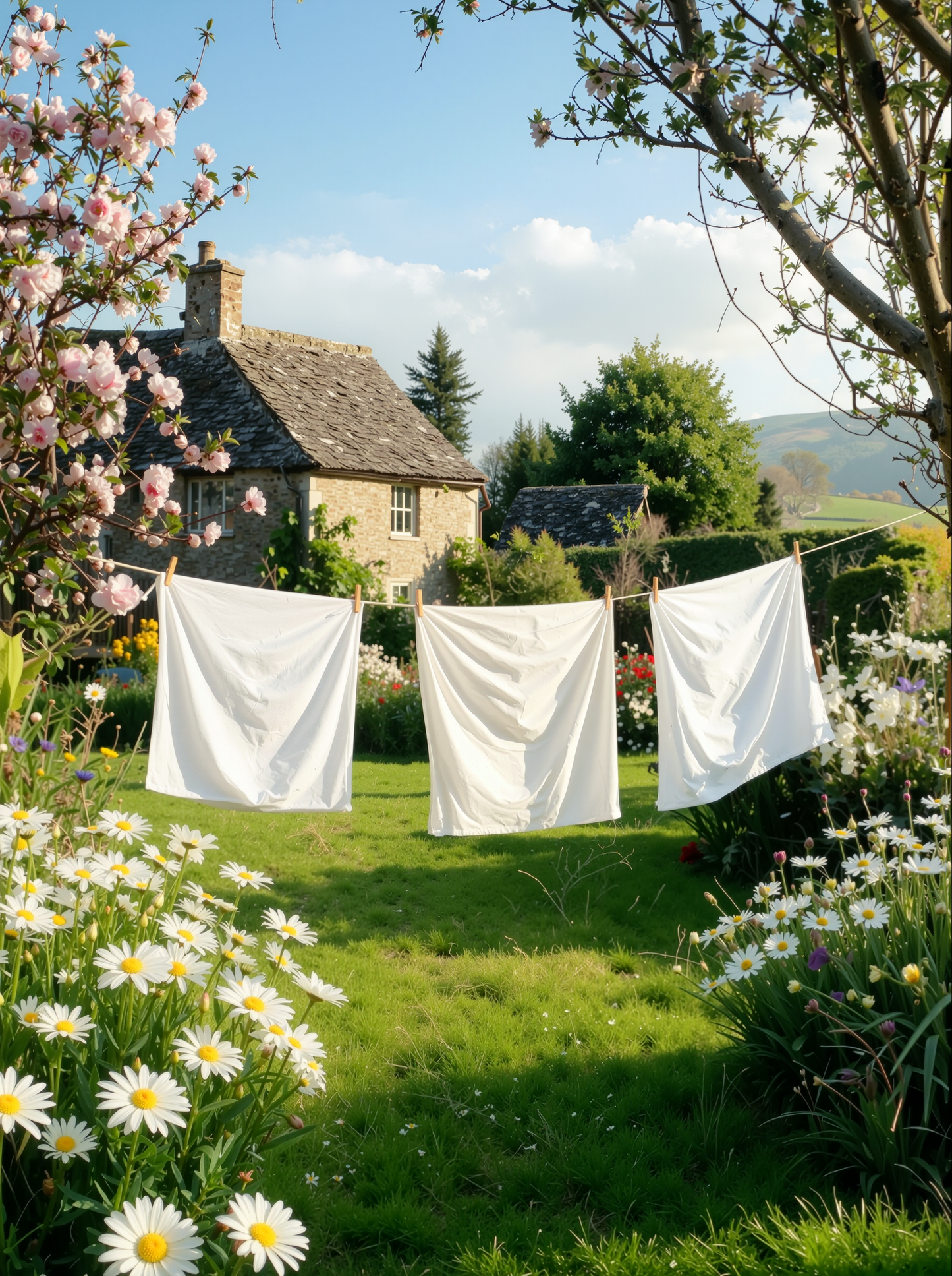 Three white sheets hanging on a line in a garden on a summers day, with an old country house and trees in the background.