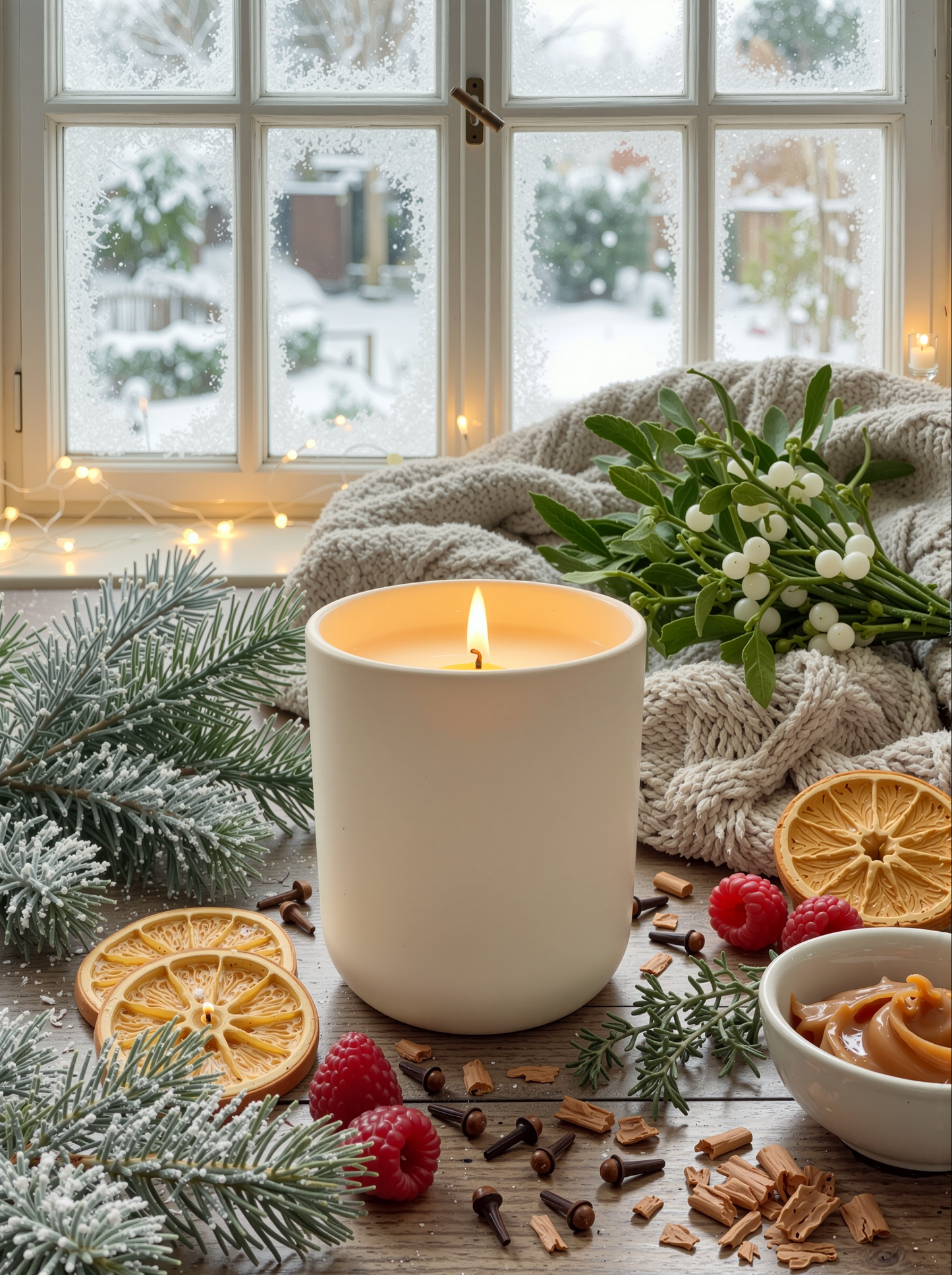White Ceramic Candle burning on a wooden surface with Christmas decorations including mistletoe, oranges, cloves, woodchips and a snowy window background. Setting the scene for a perfect Christmas Frosted Morning and accompanying candle