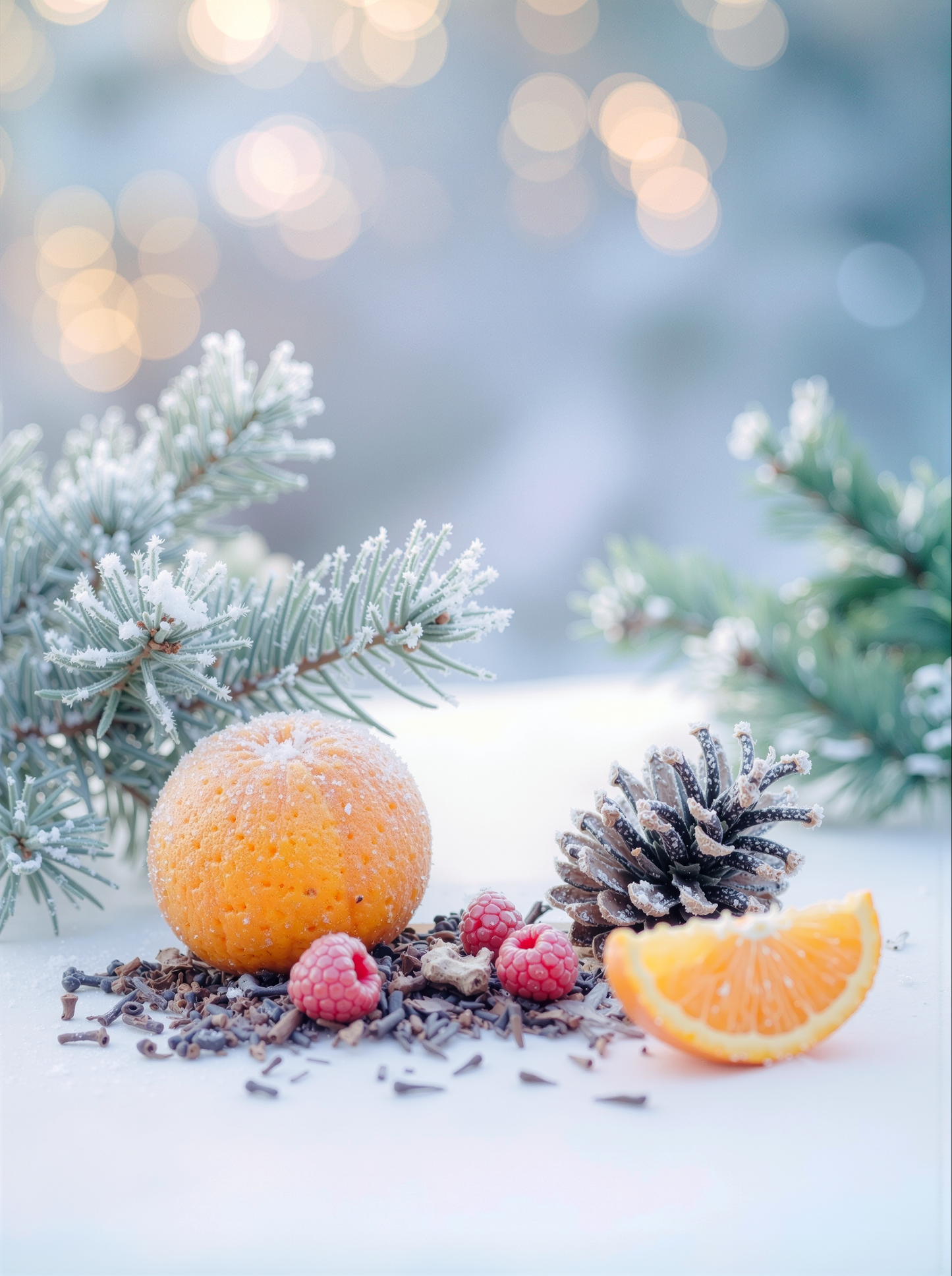 Frosted oranges, pine cones, and berries on a snowy surface with blurred lights in the background