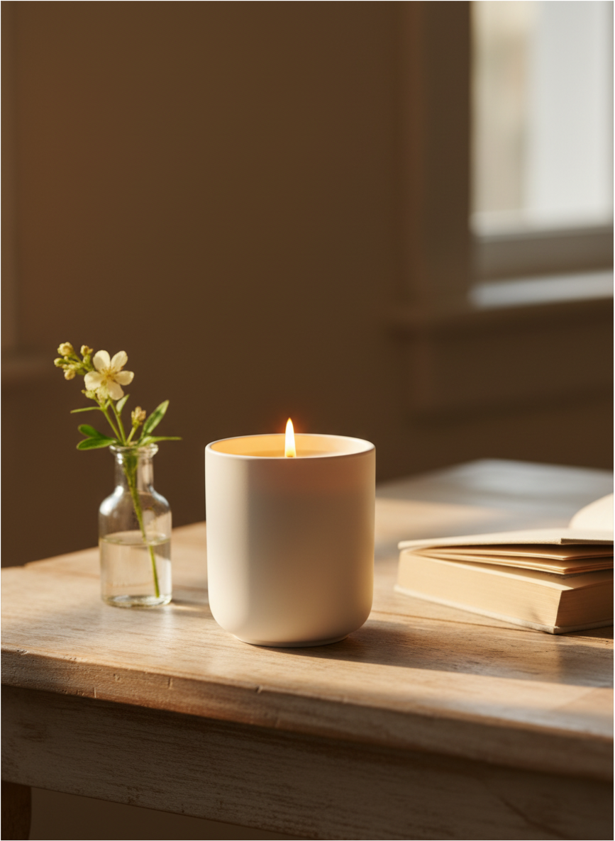 A  Peony and Ember natural wax candle in a matte white ceramic vessel placed on a rustic wooden table beside an open book and a small glass bottle holding delicate white flowers, softly lit by warm window light.