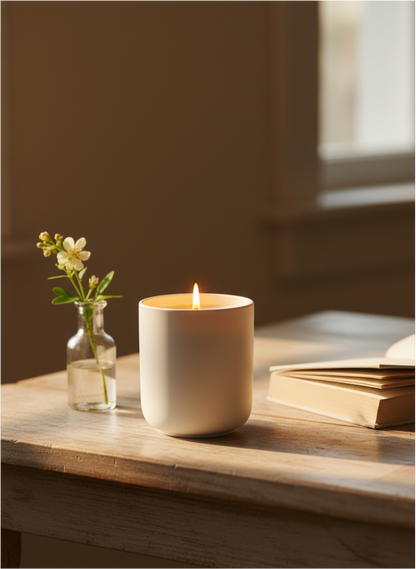A  Peony and Ember natural wax candle in a matte white ceramic vessel placed on a rustic wooden table beside an open book and a small glass bottle holding delicate white flowers, softly lit by warm window light.