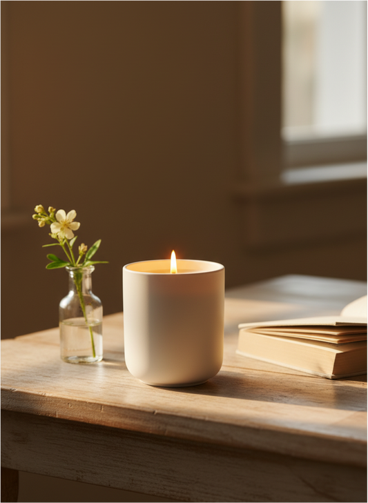 A  Peony and Ember natural wax candle in a matte white ceramic vessel placed on a rustic wooden table beside an open book and a small glass bottle holding delicate white flowers, softly lit by warm window light.