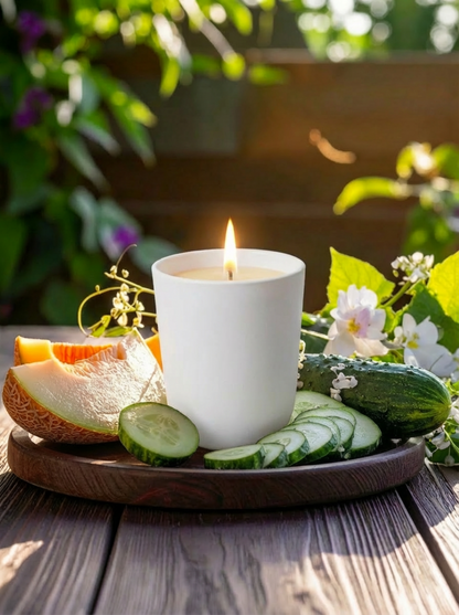 White candle in a ceramic vessel on a wooden tray with sliced cucumbers, melon and flowers in an outdoor setting to suggest a beautiful clean and fresh candle fragrance