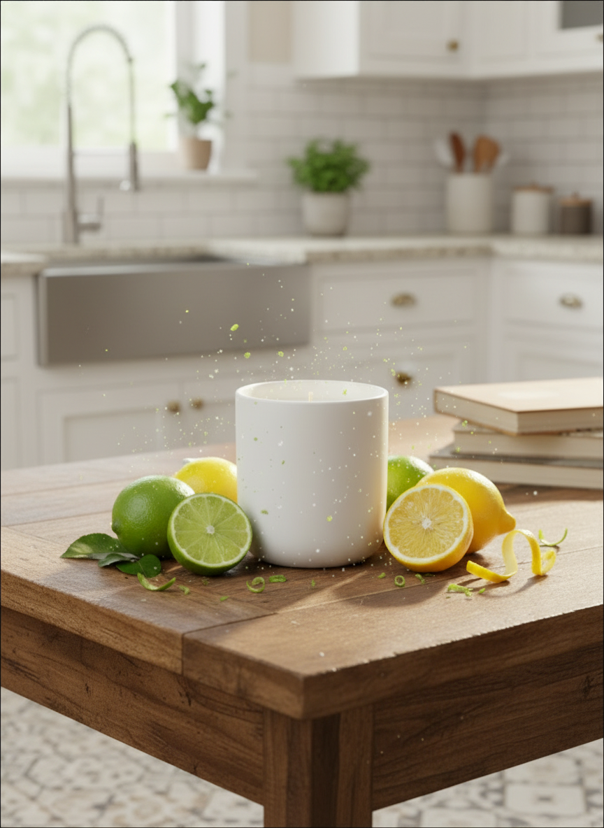 A Peony and Ember natural wax candle on a wooden kitchen table surrounded by fresh lemons, limes, citrus slices and zest, with a bright modern kitchen in the background.