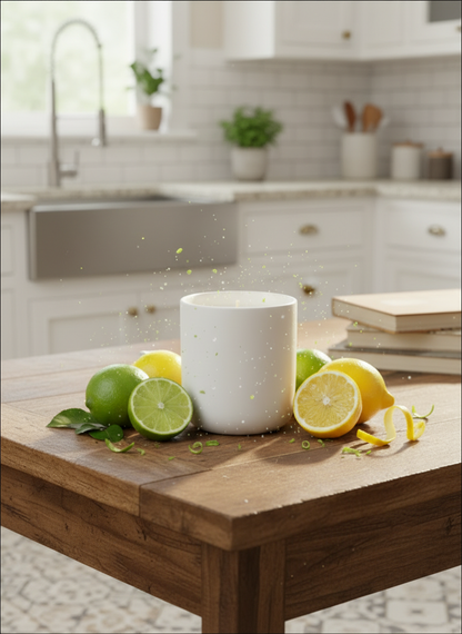 A Peony and Ember natural wax candle on a wooden kitchen table surrounded by fresh lemons, limes, citrus slices and zest, with a bright modern kitchen in the background.