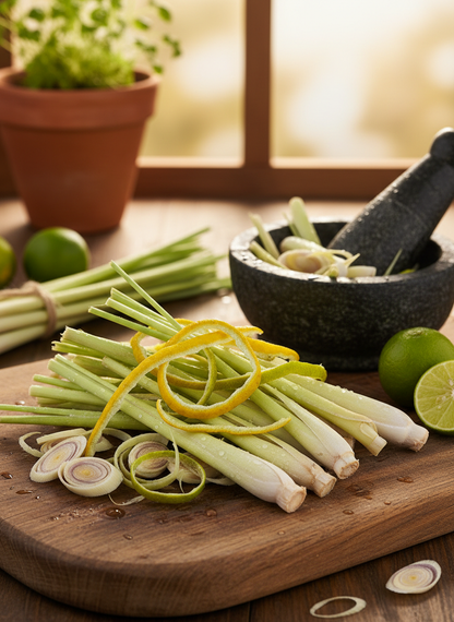 Mortar and pestle with sliced lemongrass on a wooden board, lime, and potted plant in the background.