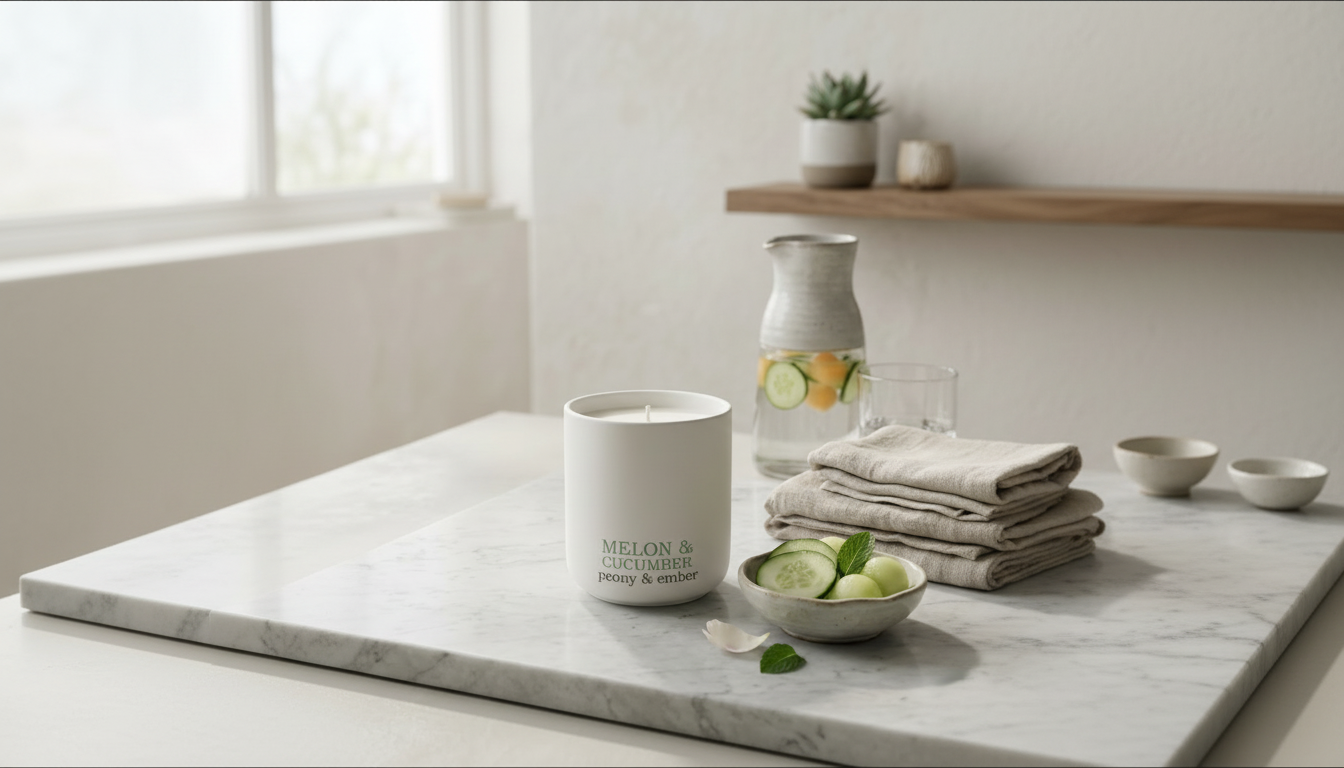 Candle, folded towels, and a bowl with fruit on a marble surface in a bright room.