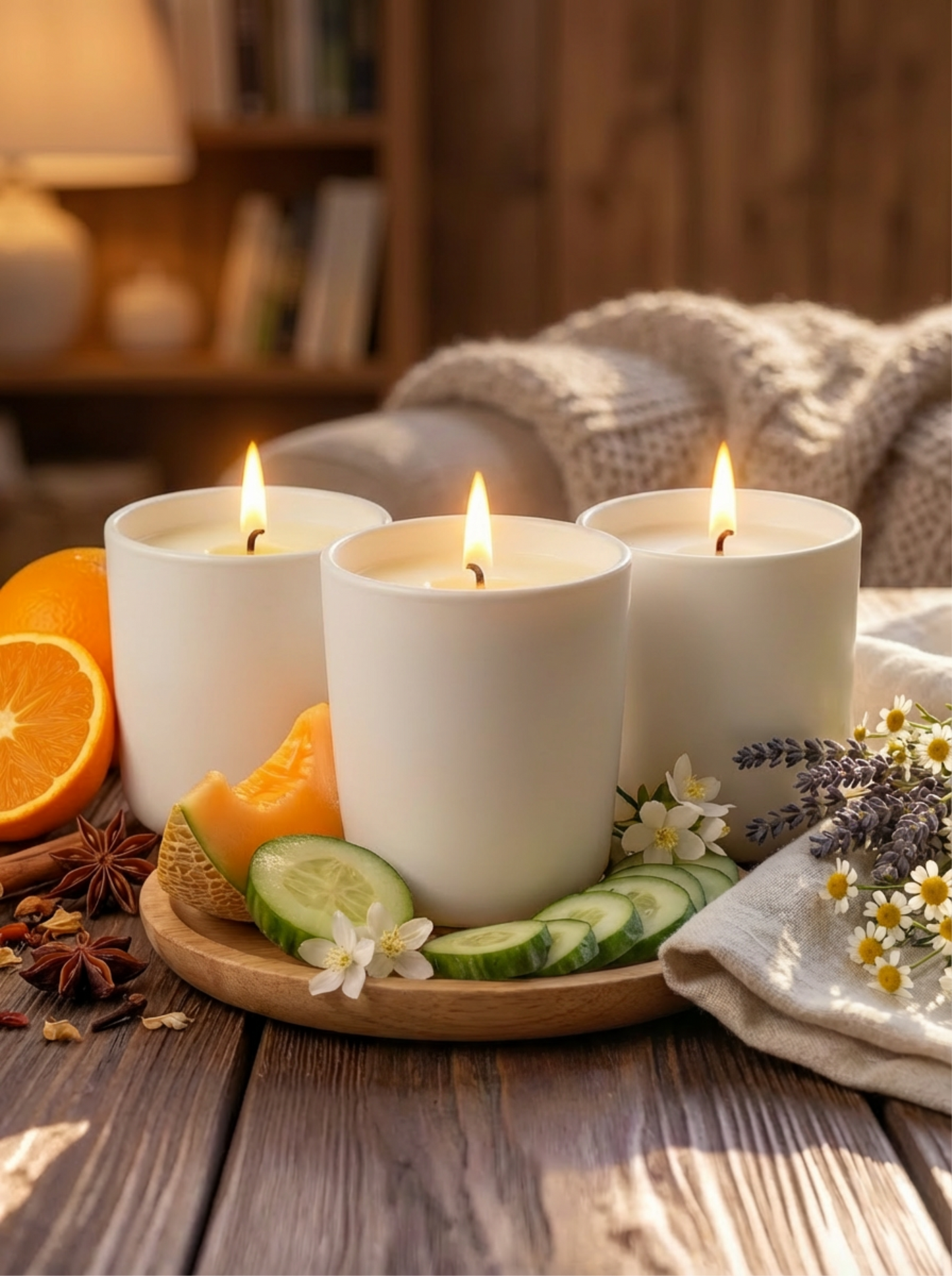 Three white candles, part of the Moments At Home bundle set, which includes: Golden Hour, Just Breathe and Pillow Talk