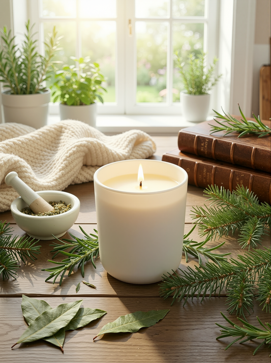 Candle burning on a wooden surface surrounded with pine, rosemary and bay leaves. Offering a fresh and herbal fragrance when the candle is burning. 