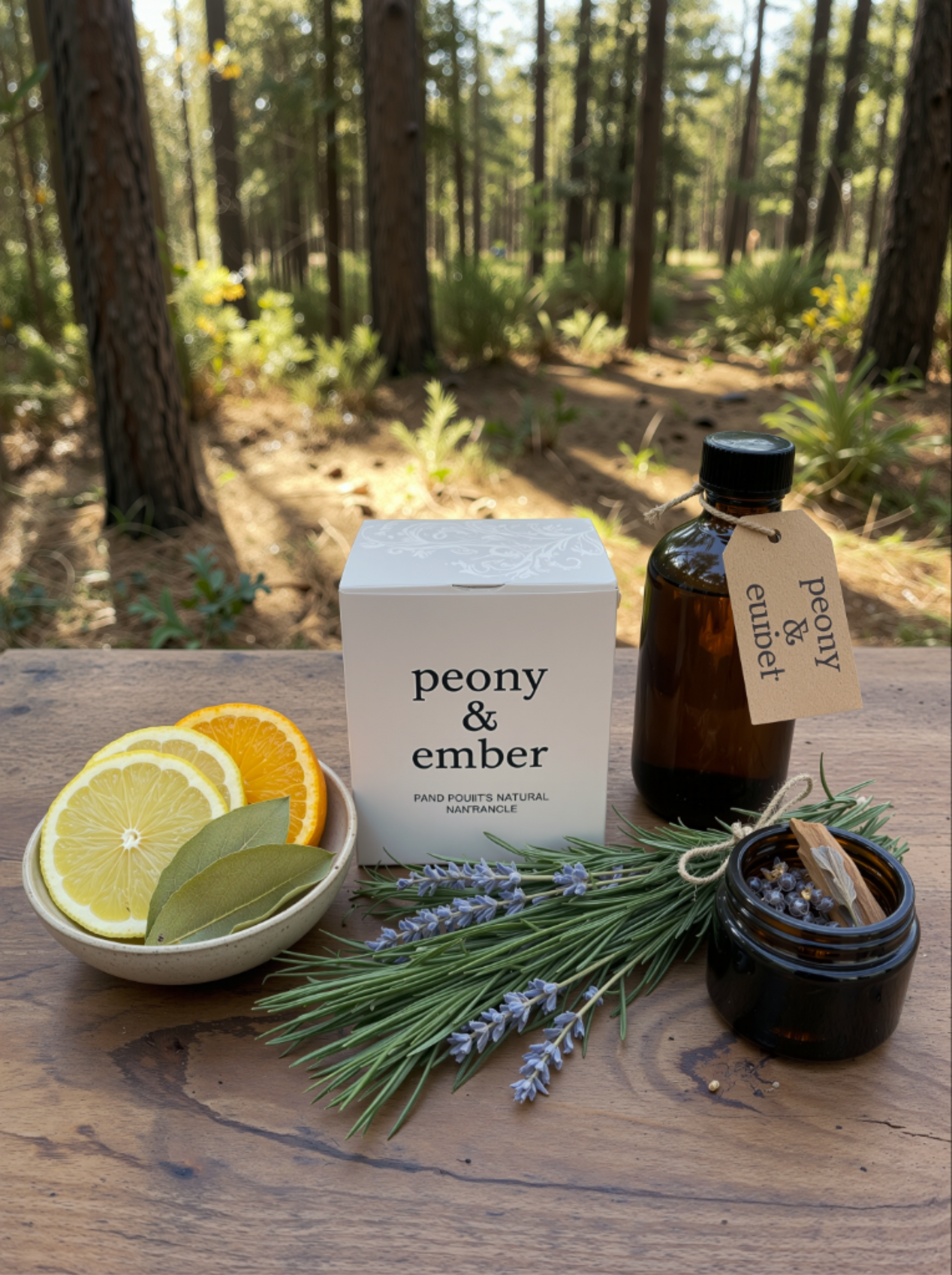 Peony & Ember candle box in a forest setting with additional items for fragrant suggestion, including lavender, citrus fruits of lemon & orange, bay leaves and a small pot of wood chippings. 