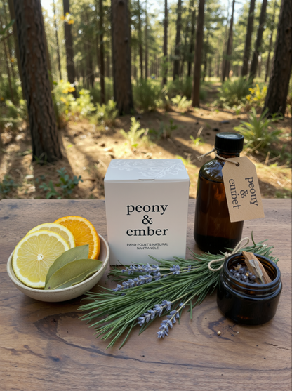 Peony & Ember candle box in a forest setting with additional items for fragrant suggestion, including lavender, citrus fruits of lemon & orange, bay leaves and a small pot of wood chippings. 