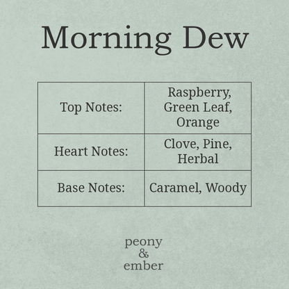 Chart detailing the fragrance notes of 'Morning Dew' by Peony & Ember on a light green background.