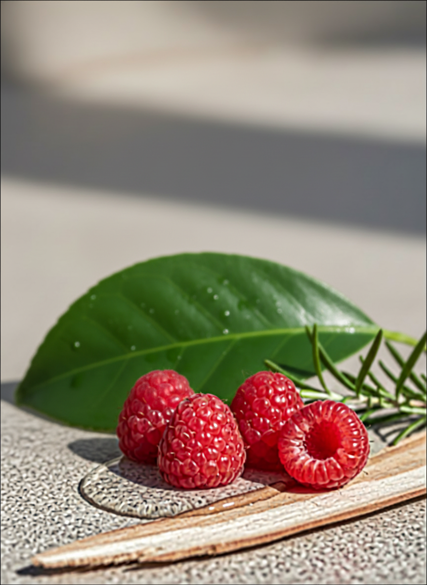 Raspberries with a green leaf on a textured surface