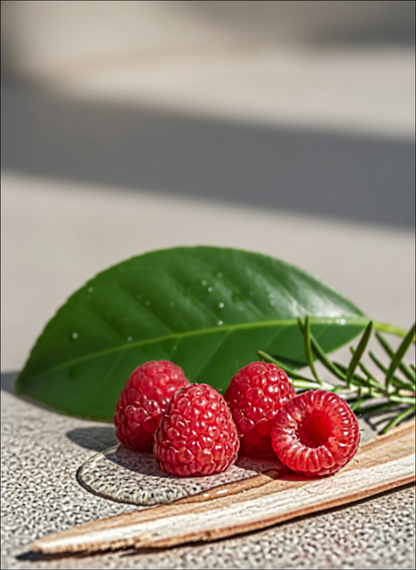Raspberries with a green leaf on a textured surface