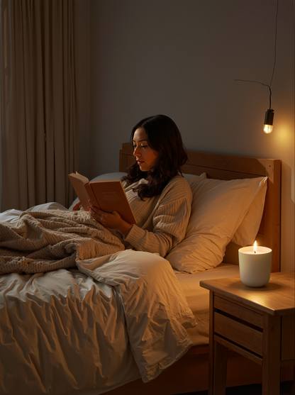 Woman reading a book in bed with a lit candle on a nightstand.