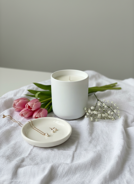 A Peony and Ember natural wax candle in a matte white ceramic vessel placed on a soft white cloth, surrounded by pink tulips, white baby's‑breath flowers and a small ceramic dish holding delicate pearl jewellery.